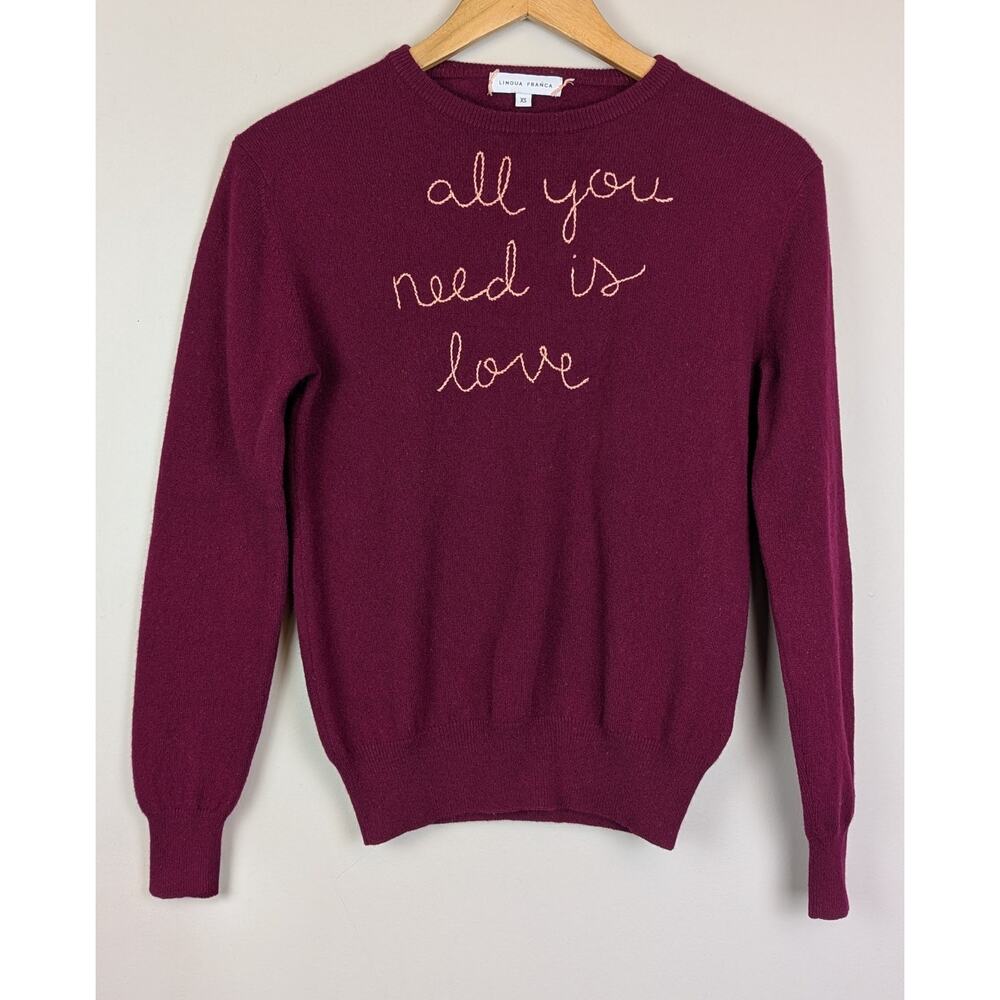 Lingua Franca Embroidered All You Need Is Love Cashmere Sweater Maroon XS